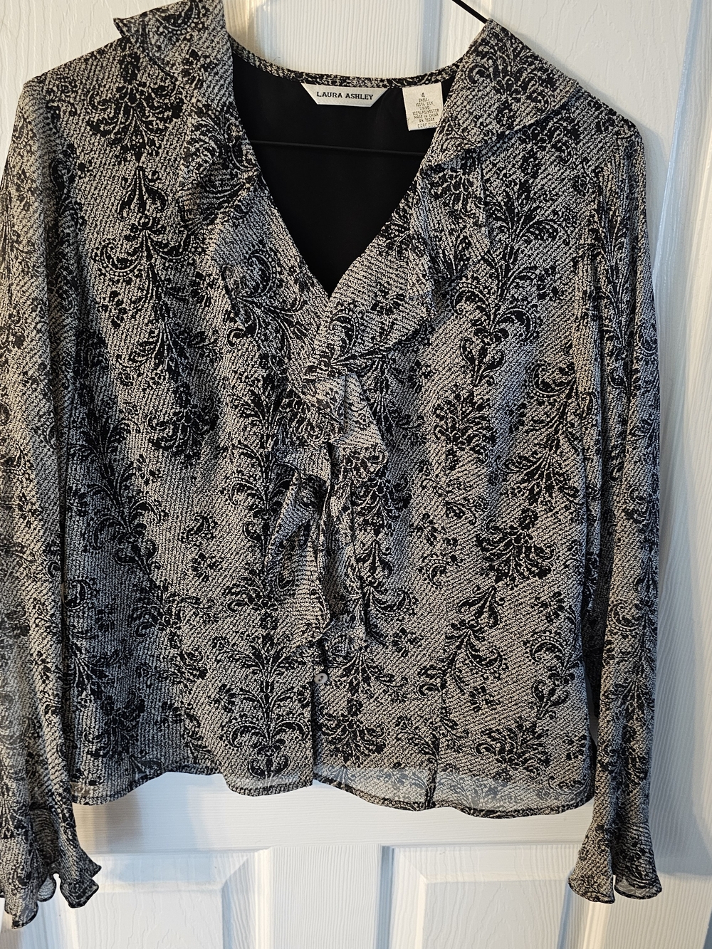 Laura Ashley Black and White Floral Ruffle Front Blouse
